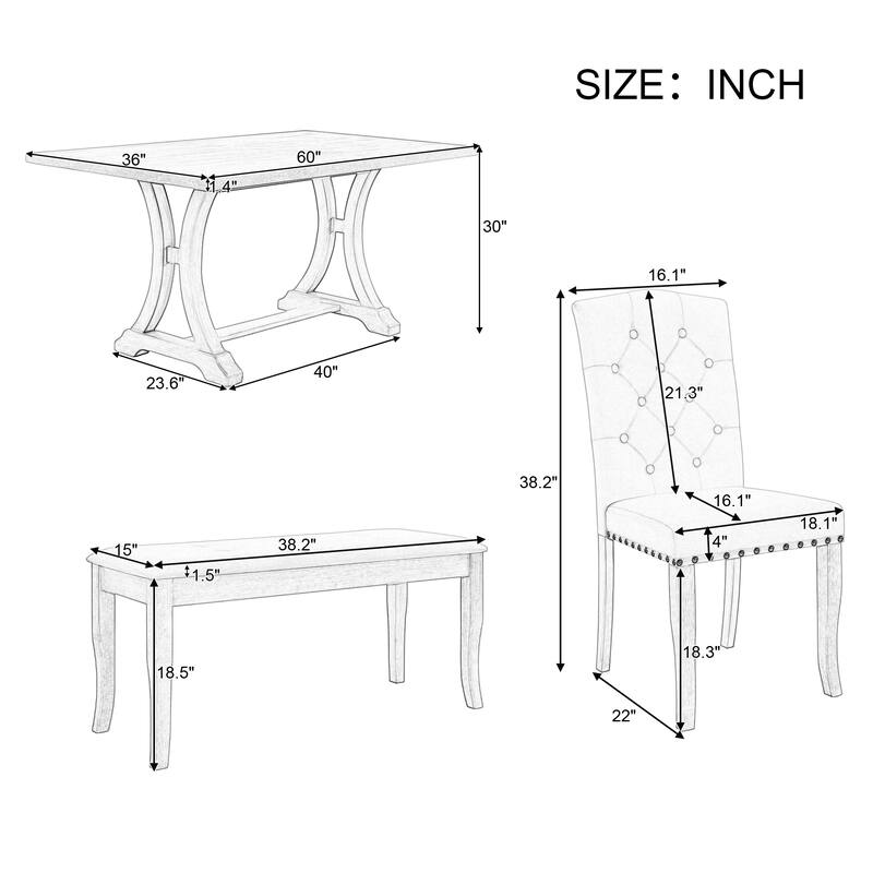 Rustic 6-Piece Wooden Dining Table Set with Rectangular Trestle Table & 4 Chairs