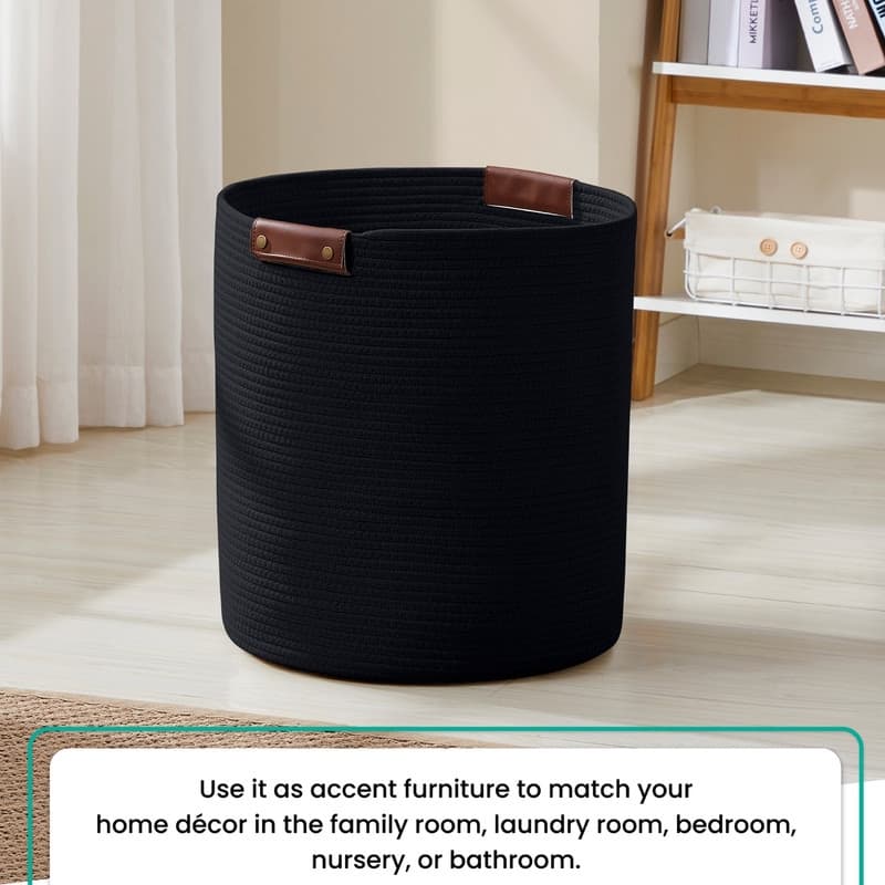 Large Cotton Rope Storage Basket Laundry Hamper Woven Basket with Leather Handles -16 x 18 - 16" x 16" x 18"