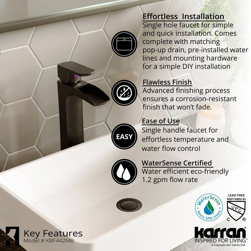 Karran Kassel Single Hole Single Handle Vessel Bathroom Faucet with Matching Pop-up Drain