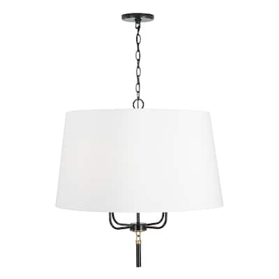 Beckham 4-light Glossy Black/ Aged Brass Drum Pendant w/ White Fabric Shade