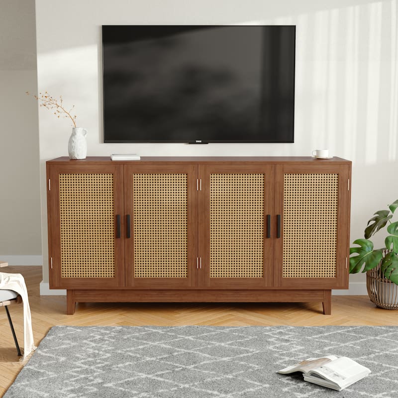 Modern 4 Door Wood Rattan Buffet Sideboard Storage Cabinet