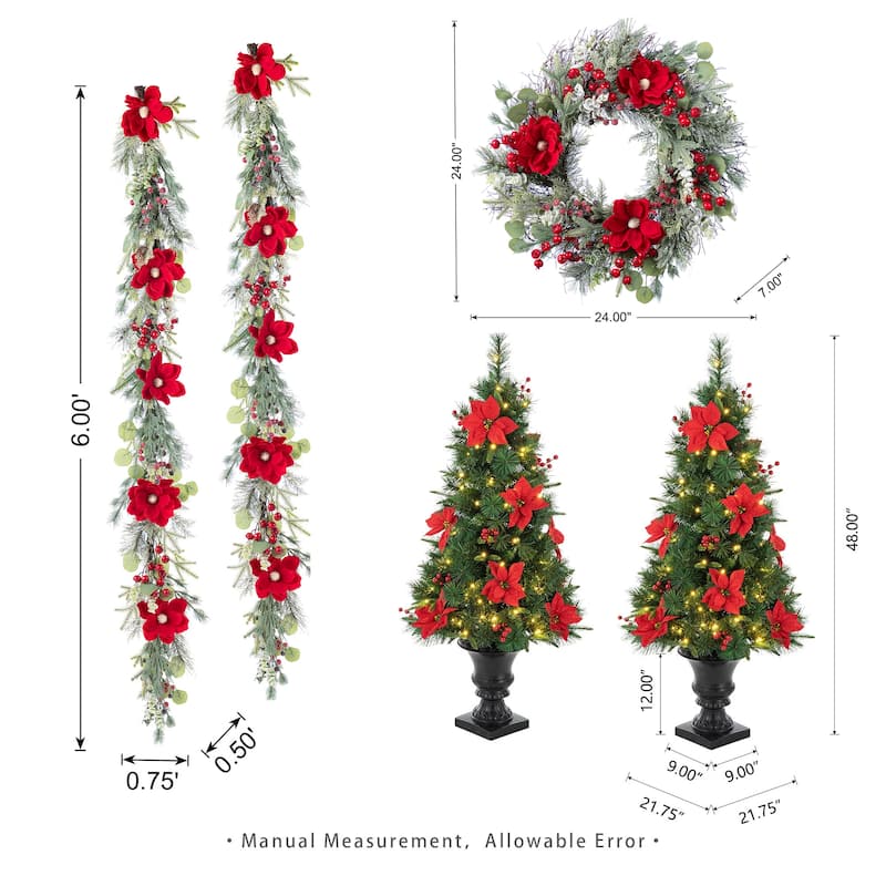 Glitzhome Christmas Artificial Plant Set, Red Mangnolia Wreath, Garland, and Set of 2 Entrance Potted Trees with LED Lights