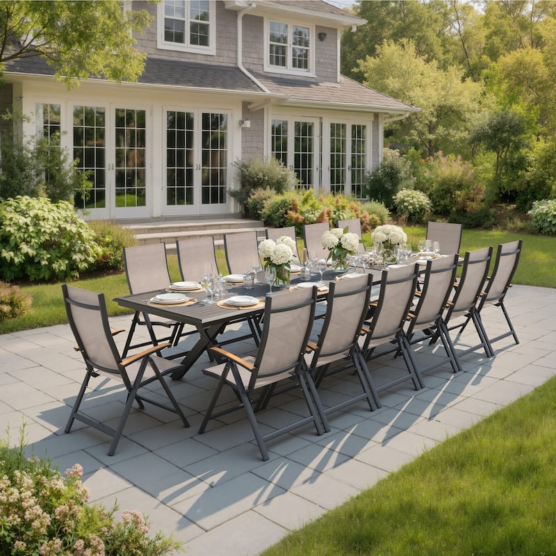 7/9/13/15-Piece Outdoor Patio Dining Set All-weather Aluminum Dining Table with Umbrella Hole and Adjustable Folding Chairs - Black Table with Espresso Chairs - 138 inches long