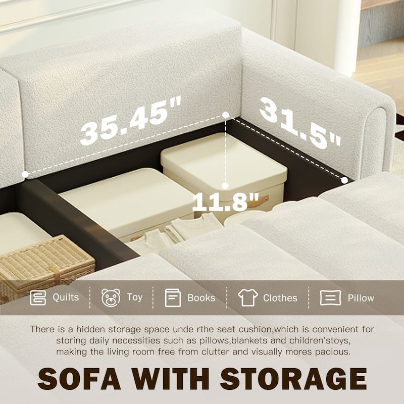 90.2" Convertible 4-Seater Teddy Fabric Sofa with Storage