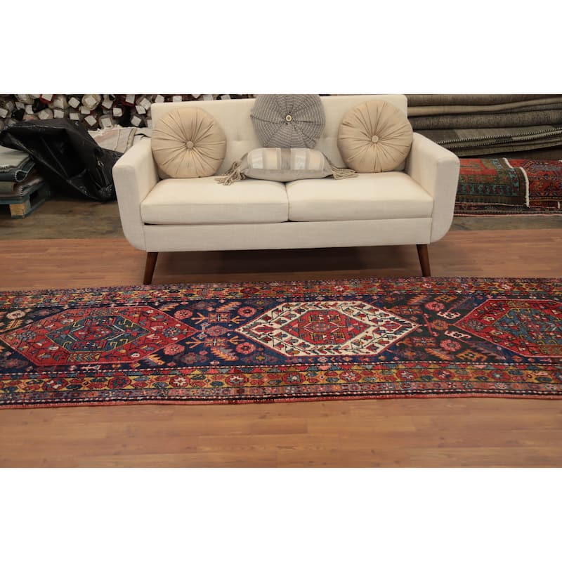 Hand Knotted Oriental 100% Wool Carpet Traditional Tribal Navy Blue & Blues Ardebil Runner Rug - 10' 10'' X 3' 6''