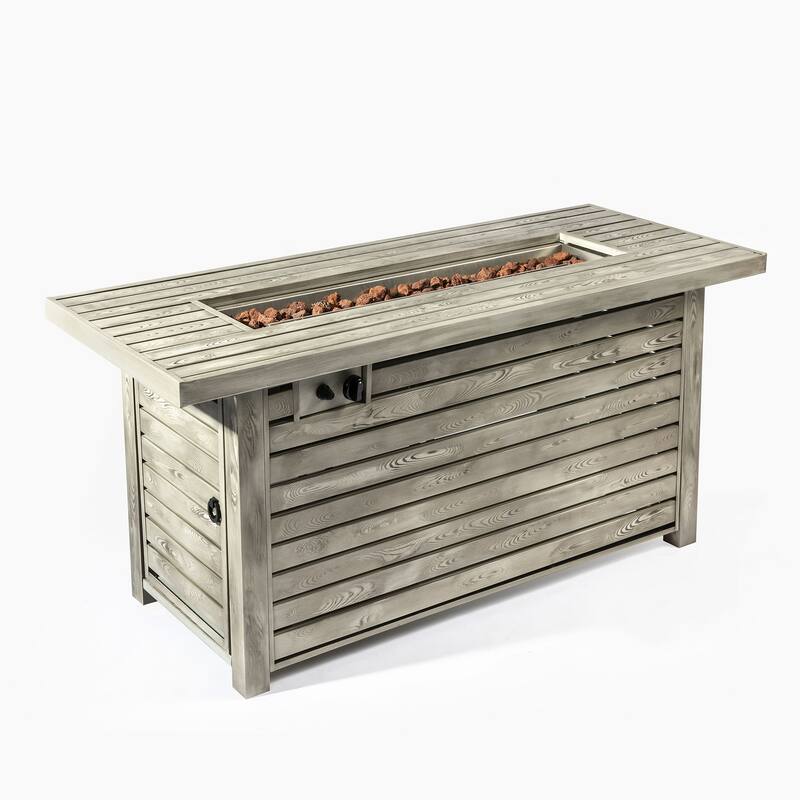 GDFStudio - Finley 54" Propane Steel Fire Pit Table with Wood Grain-Effect Top and Weather Cover