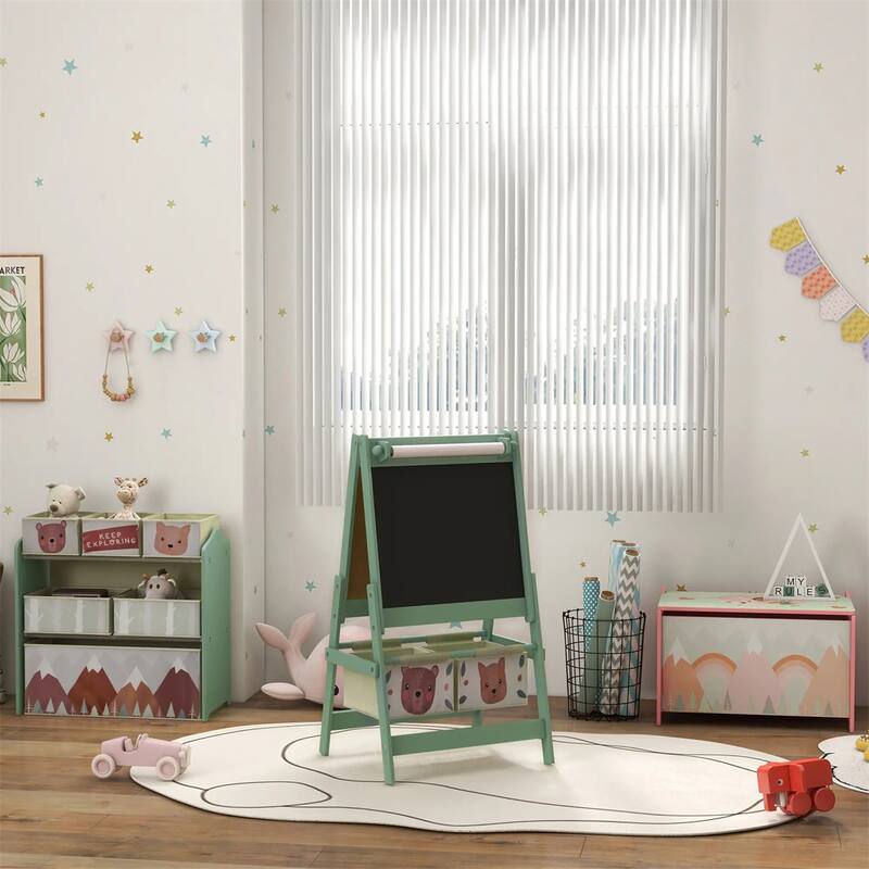 3-in-1 Kids Art Easel with Blackboard Whiteboard Paper Roll Storage Baskets Adorable Animal Design for Toddlers