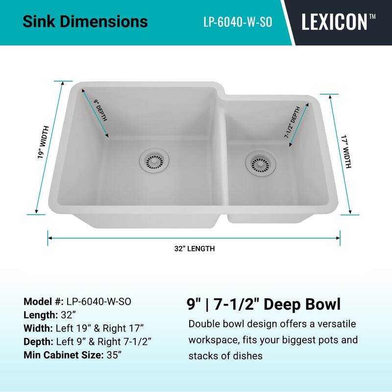 32 Inch Lexicon Platinum Quartz Composite Drop-in Undermount Galaxy White - 19" x 32" L x 9.75" H