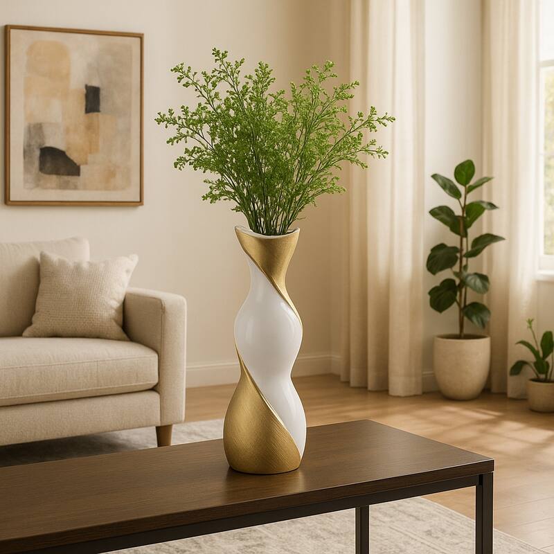 Contemporary Ceramic Twisted Vase -White and Gold Floral Vase