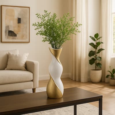Contemporary Ceramic Twisted Vase -White and Gold Floral Vase