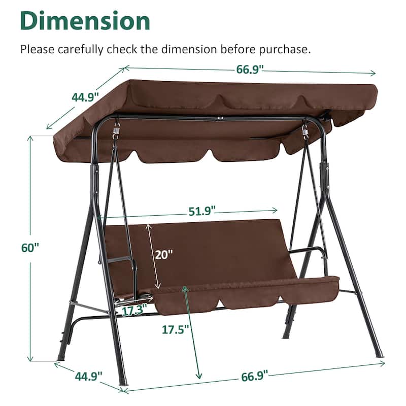 MCombo 3-Person Patio Swing Chair, Adjustable Canopy Hanging Swing, Removable Cushions, 4003
