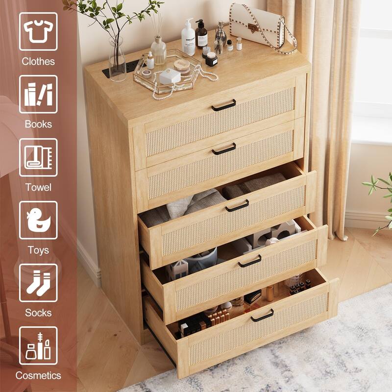 4/5 Drawer Rattan Dresser for Bedroom, Wood Dresser Chest of Drawers with Power Outlets