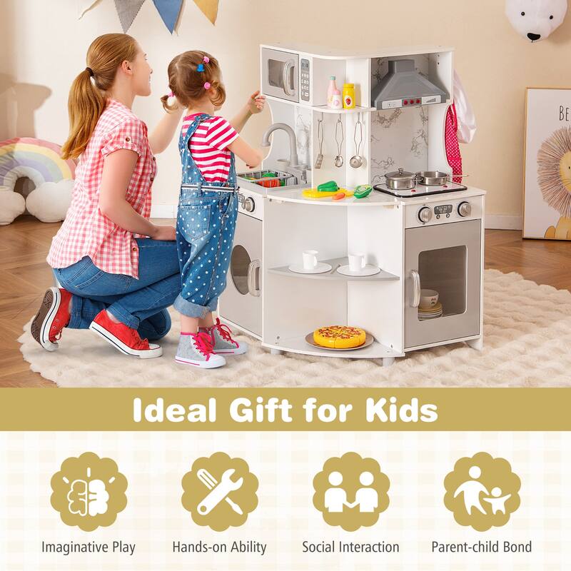 Gymax Corner Wooden Play Kitchen Kids Kitchen Playset w/ Microwave