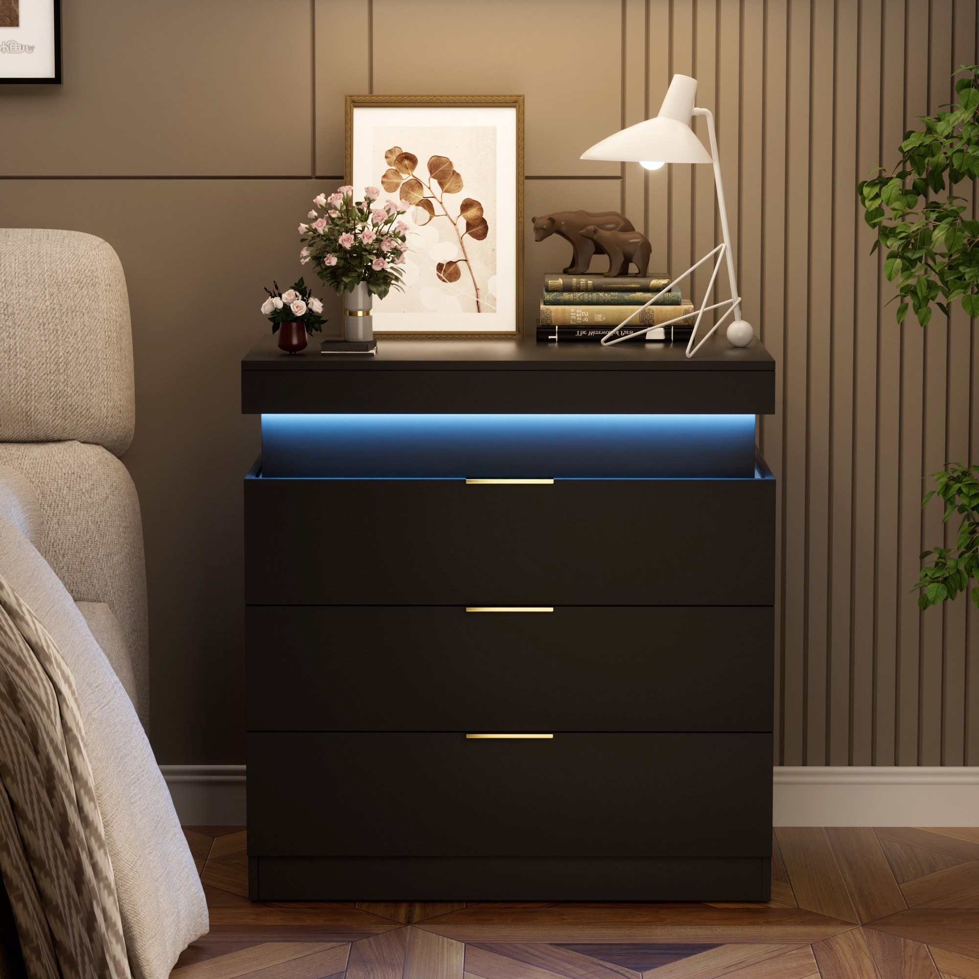 LED Lights Nightstand with Charging Station, Smart Wooden Nightstand, Storage Cabinet with Sliding Top & 3 Drawers