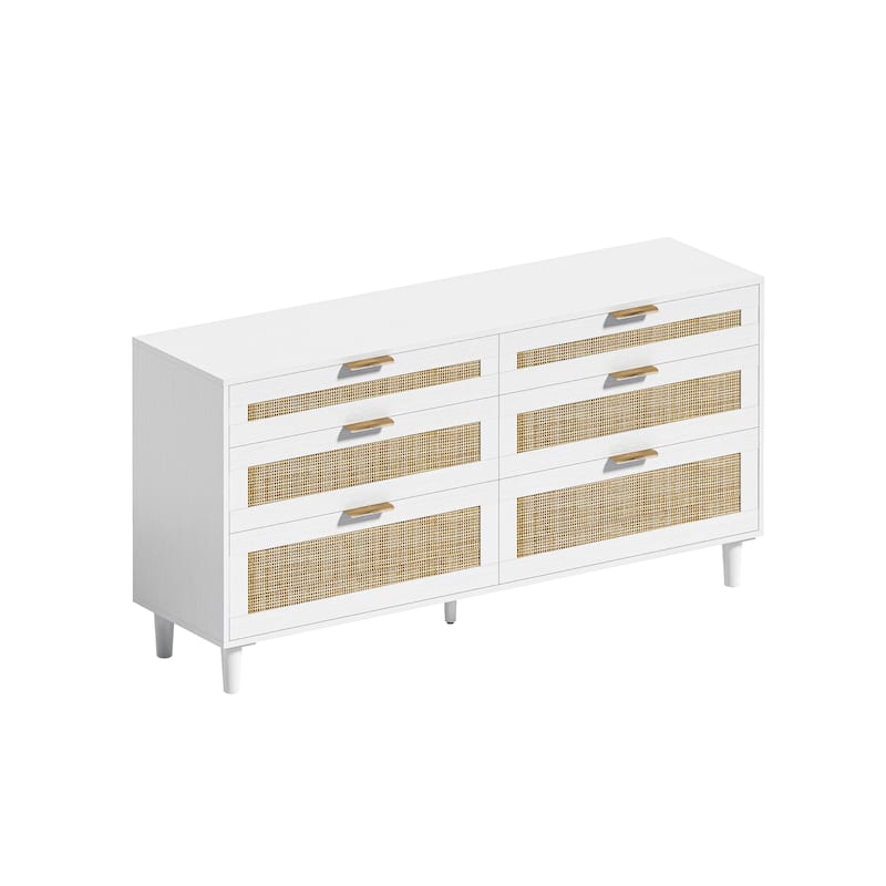 Rattan 6-Drawer Double Dresser with Metal Handle, Clothes Storage Cabinet for Bedroom
