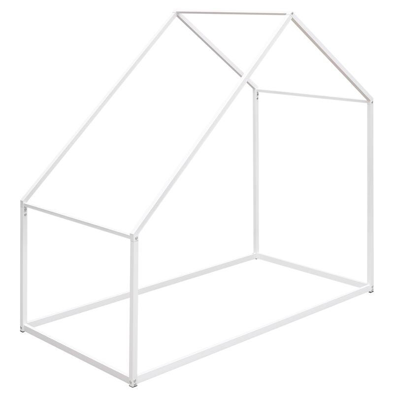 Twin Size Floor Bed Metal House Bed with Open Frame and Roof for Kids