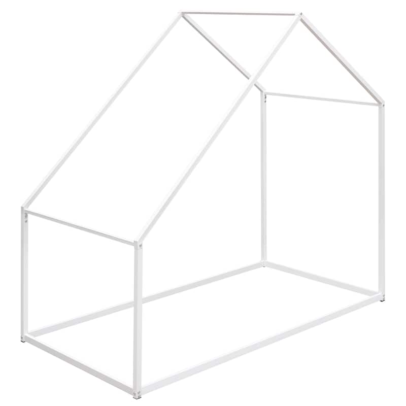 Twin Size Floor Kids Bed, Open Metal House Bed Frame with Roof Design