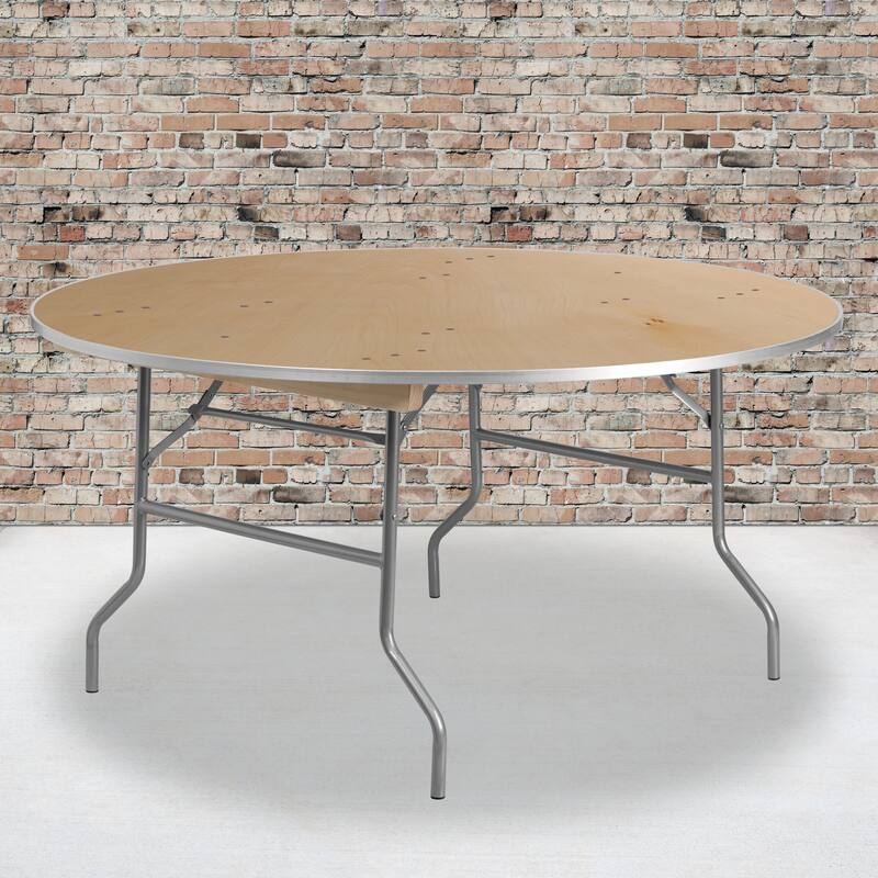 60-inch Round Heavy Duty Birchwood Folding Banquet Table with Metal Edges - 60"W x 60"D x 30"H