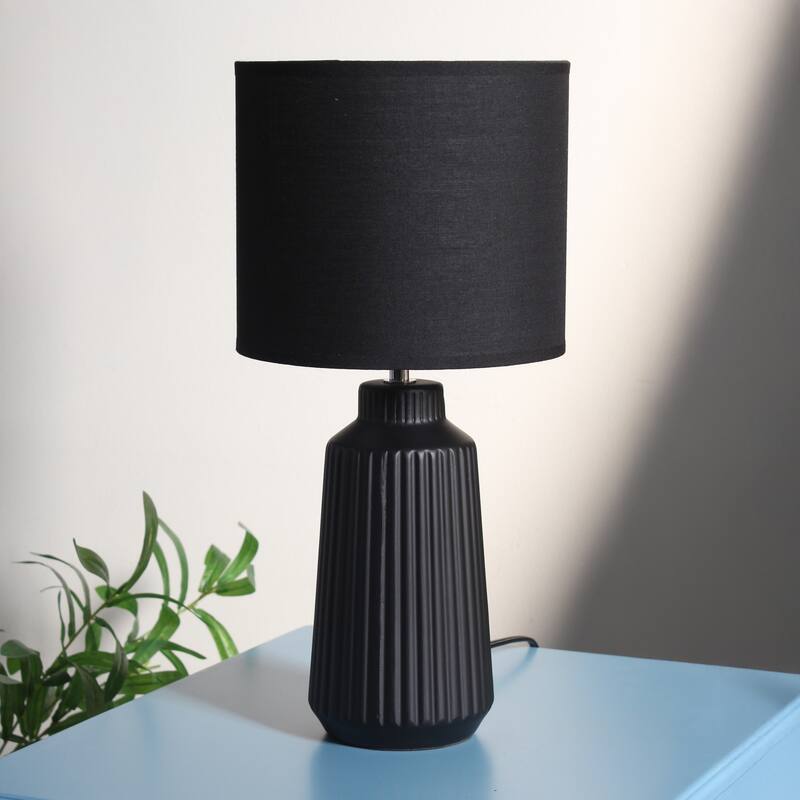 Textured Ceramic Table Lamp with Fabric Drum Shade Modern Faceted Base Compact Accent Lighting Multiple Colors
