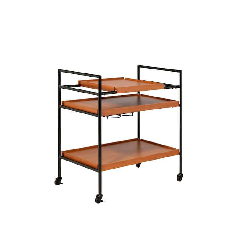 Honey Oak and Black Serving Cart with Stemware Rack