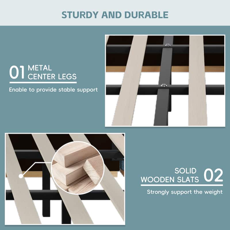 Roomfitters Queen Size Upholstered Platform Bed Frame, Modern Panel Headboard with Rounded Corners, Solid Wood Slats