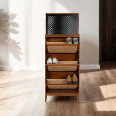 Free Standing Rattan Shoe Rack with 3 Flip Drawers