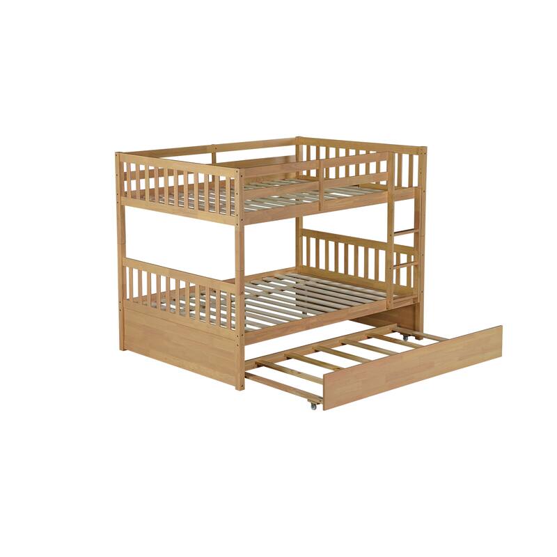 Full Over Full Rubber Wood Bunk Bed with Trundle, Ladder and Guardrails, 2 Full Size Beds, with Twin Size Trundle