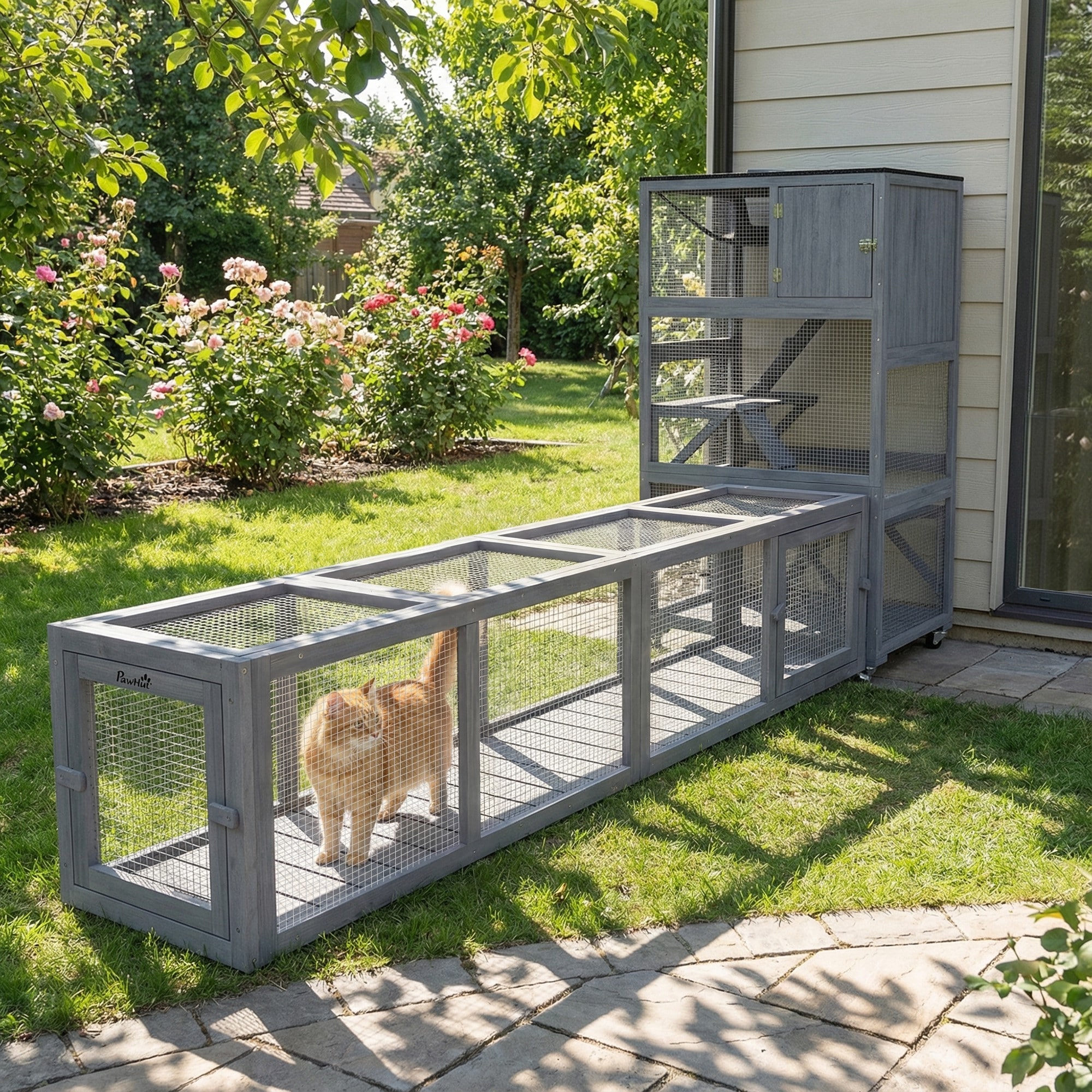 PawHut Outdoor Cat Tunnel with Extendable Design, 79" L Wooden Cat Run with Weather Protection, White