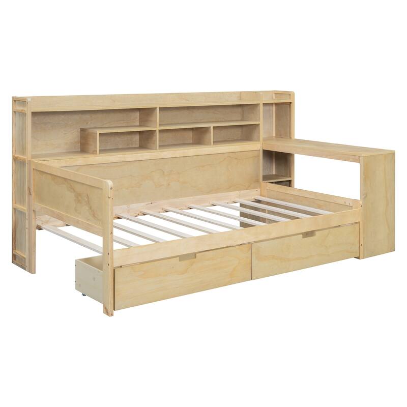 Wooden Twin Size Daybed with Storage Shelves, Multi-functional Bed with Two Storage Drawers and Study Desk
