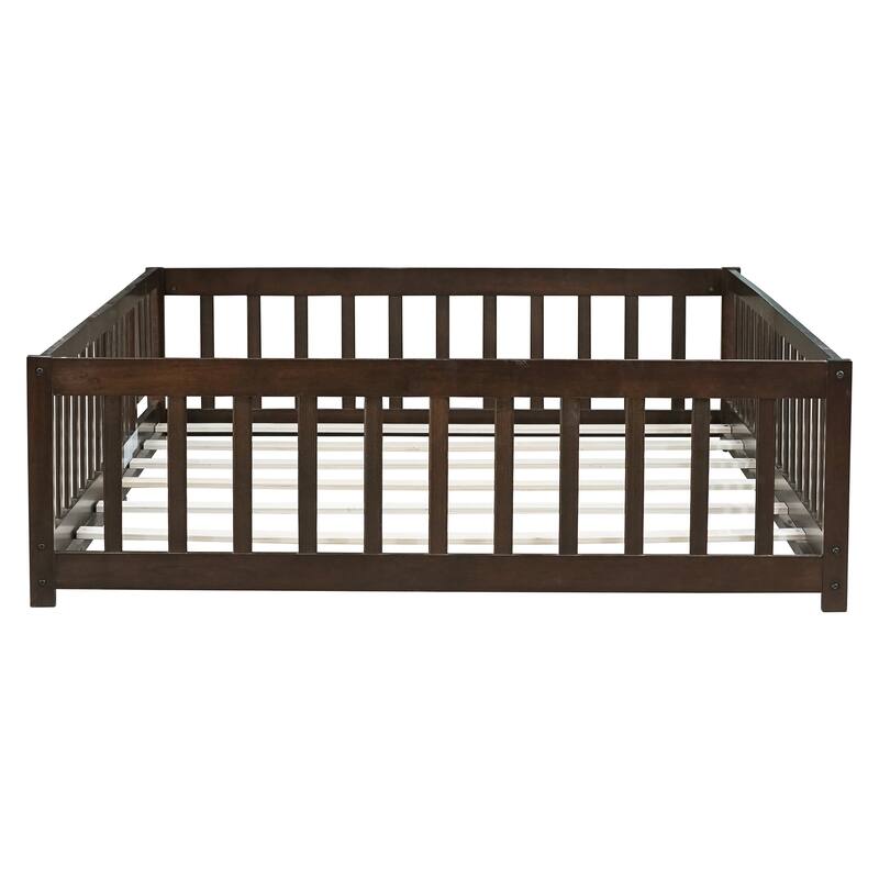 White Full Size Wooden Floor Bed with Fence & Door, Rubber, Safety Guardrails