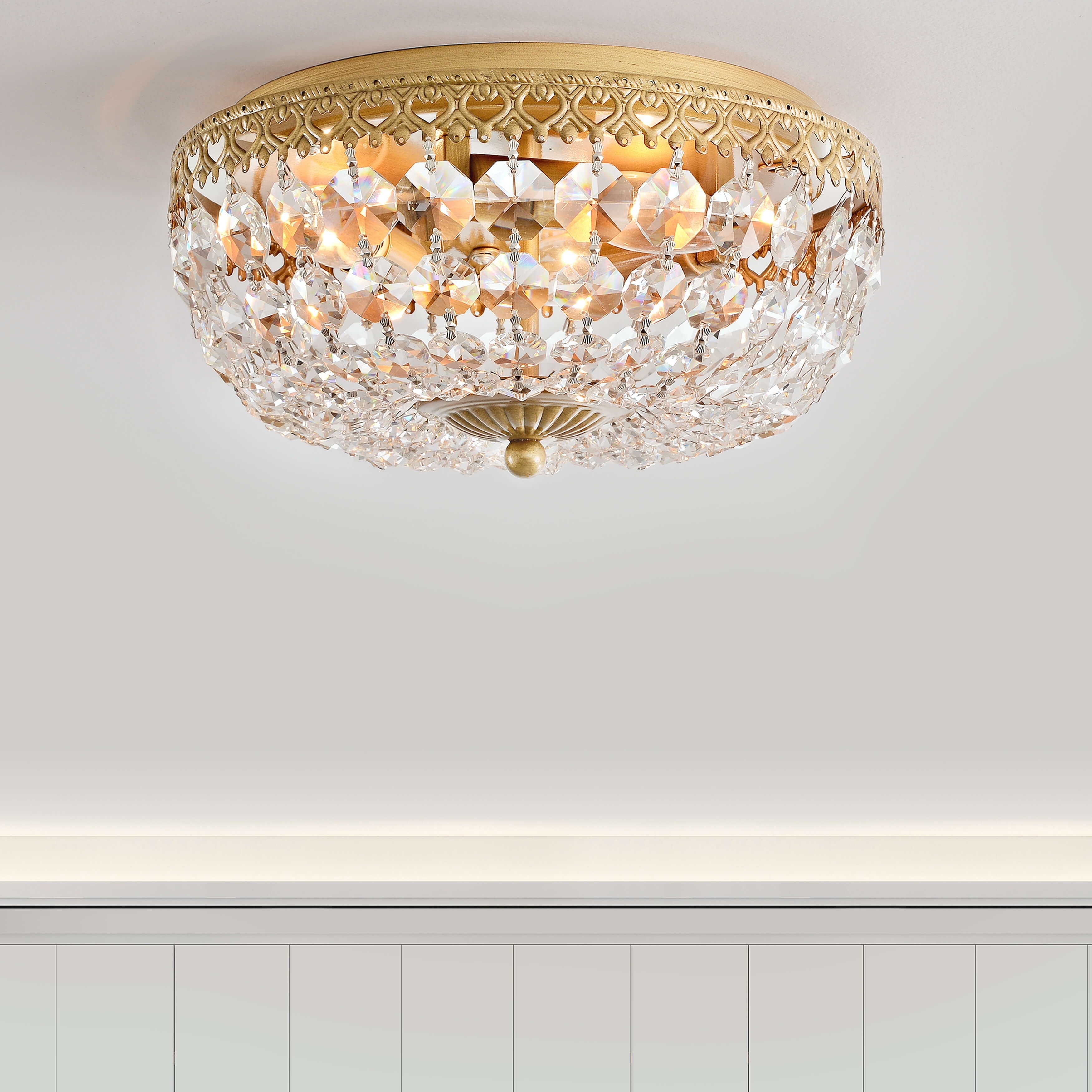 Jessica Brushed Brass 3-Light Crystal Basket Flush Mount - 11.8 inches in Diameter x 6.7 inches H