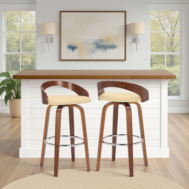 Carson Carrington Solavagen Mid-Century Modern Swivel Counter or Bar Stool - Cream & Walnut - Bar Height - Set of 2