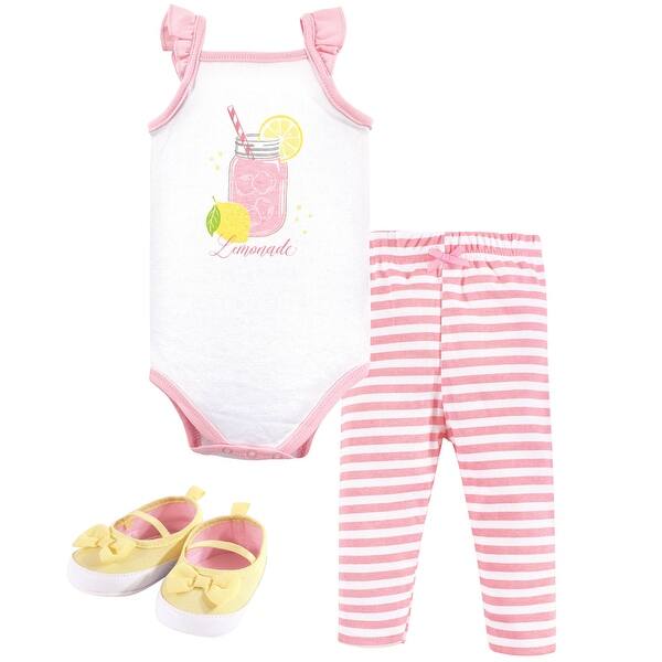 slide 1 of 1, Hudson Baby Infant Girl Cotton Bodysuit, Pant and Shoe 3pc Set, Lemonade 0-3 Months - Lemonade