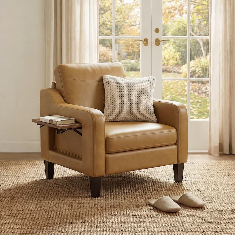 Modern Accent Chair with Wooden Armrest Comfortable Single Sofa Armchair for Living Room Bedroom Reading - Brown