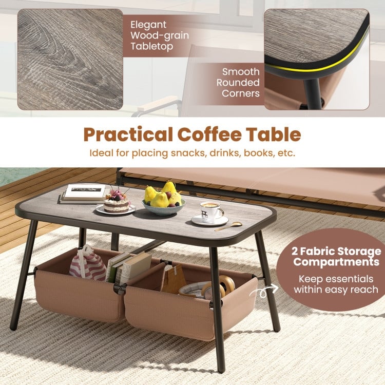 4 Piece Brown-Black Fabric Metal Outdoor Bistro Set with Loveseat and Rockers - Coffee Table: 31.5" x 18" x 16.5"