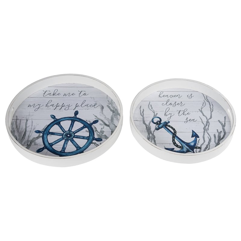 Transpac Wood 15.75" Blue Spring Coastal Nested Trays Set of 2