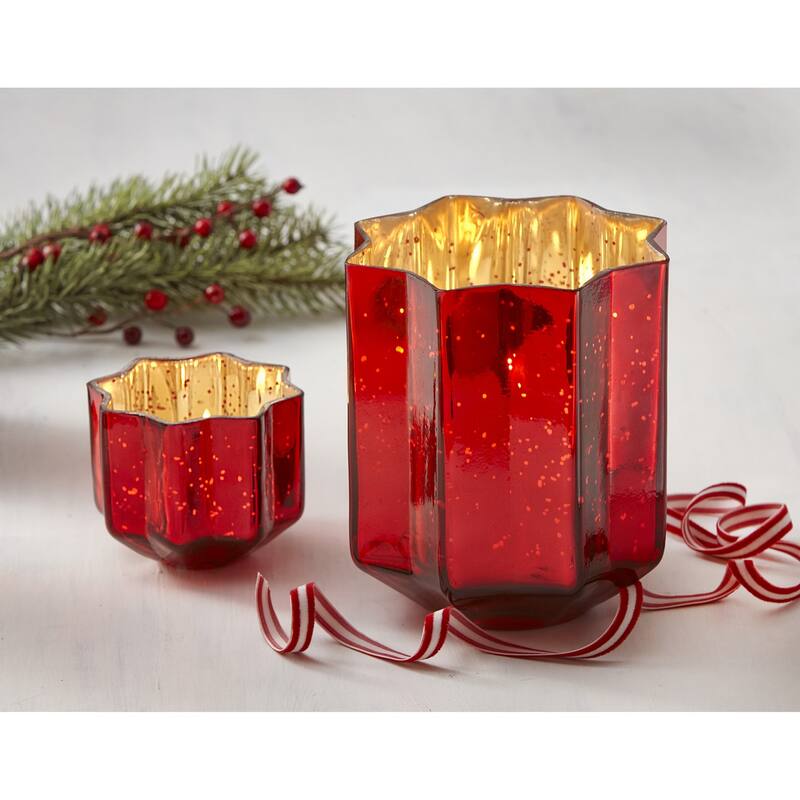 Christmas Red Starlight Blown Glass Tealight Votive Candle Holder Large Tabletop Mantel Centerpiece Decoration 7 inch