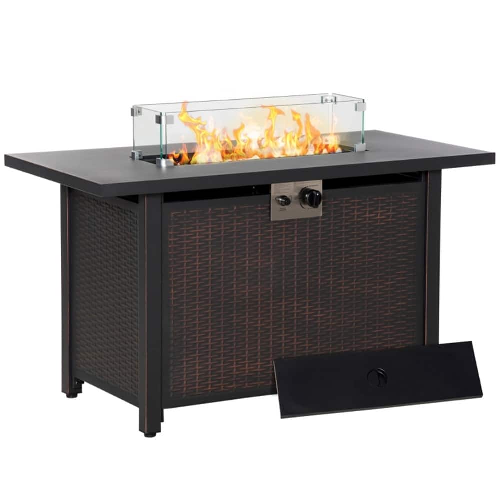 43 Inch Bronze Propane Fire Pit Table with 50000 BTU Burner Glass Wind Guard Lid Blue Fire Glass - 43" L x 22" W x 24.75" H