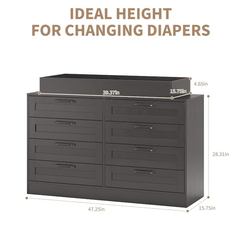 Baby Changing Dresser with 8 Drawers - Wooden Nursery Changing Table Station with Open Shelf