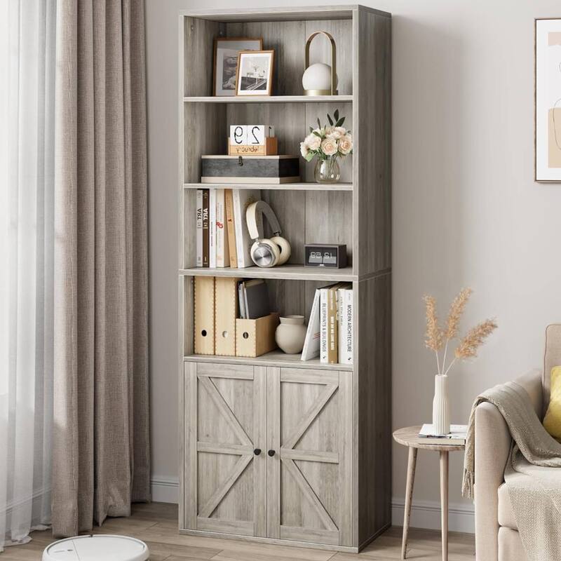 Standing Bookshelf with Doors, 4 Open Storage Shelves