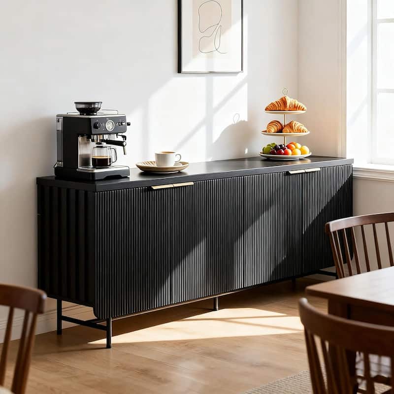 68" Mid-century TV Stand Entertainment Center with Adjustable Shelves 4 Doors & LED Light - Black