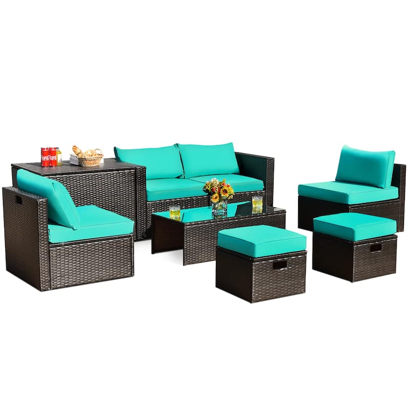 8PCS Patio Rattan Furniture Set Space-Saving Storage W/ Cushion - Turquoise