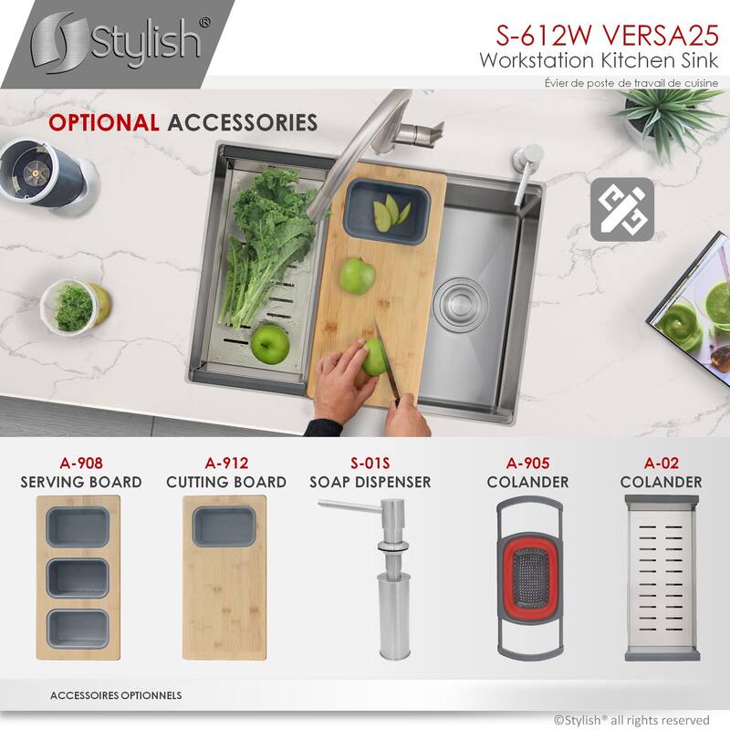 STYLISH 25 inches Workstation Single Bowl Undermount 16 Gauge Stainless Steel Kitchen Sink with Built in Accessories Handmade