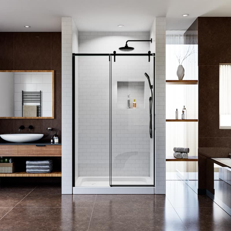 Modland 48''/60''W x 76''H Matte Black Sliding Shower Door, Adjustable Semi-Frameless Enclosure, 1/4" ANSI Glass, Soft-Close