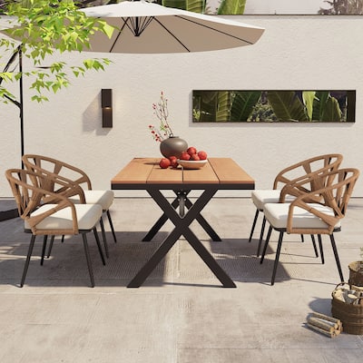 Contemporary Outdoor Set with PE Rattan Chairs and Plastic Wood Table
