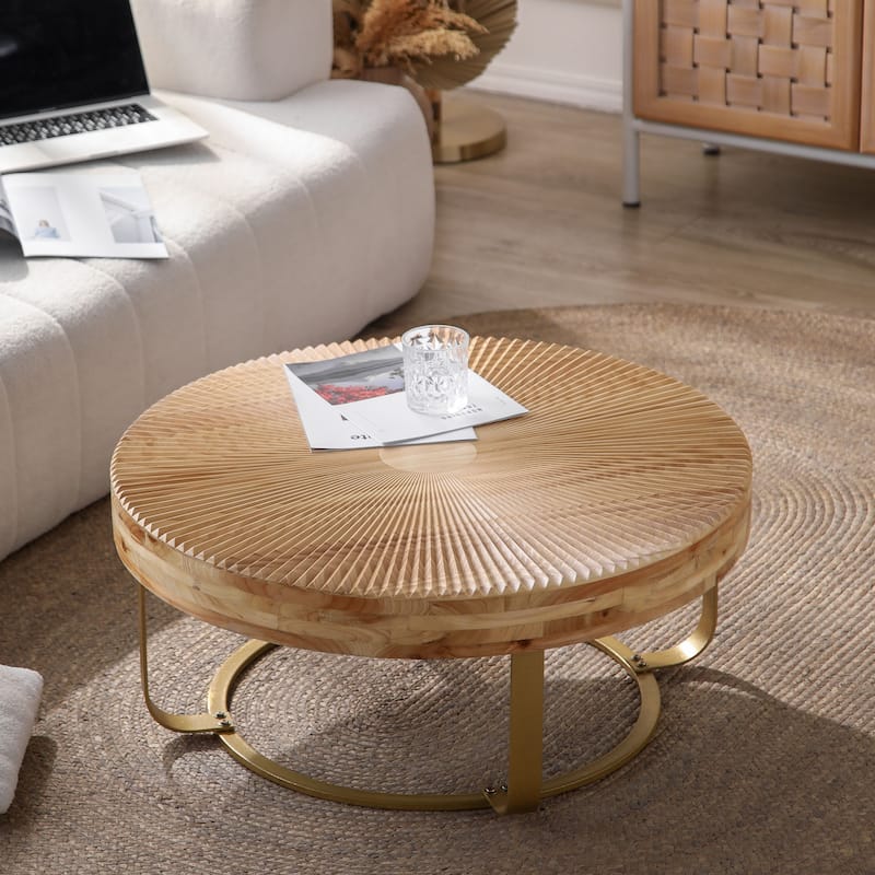 GDFStudio Calvion Round Pine Wood Coffee Table with Steel Frame and Carving Pattern