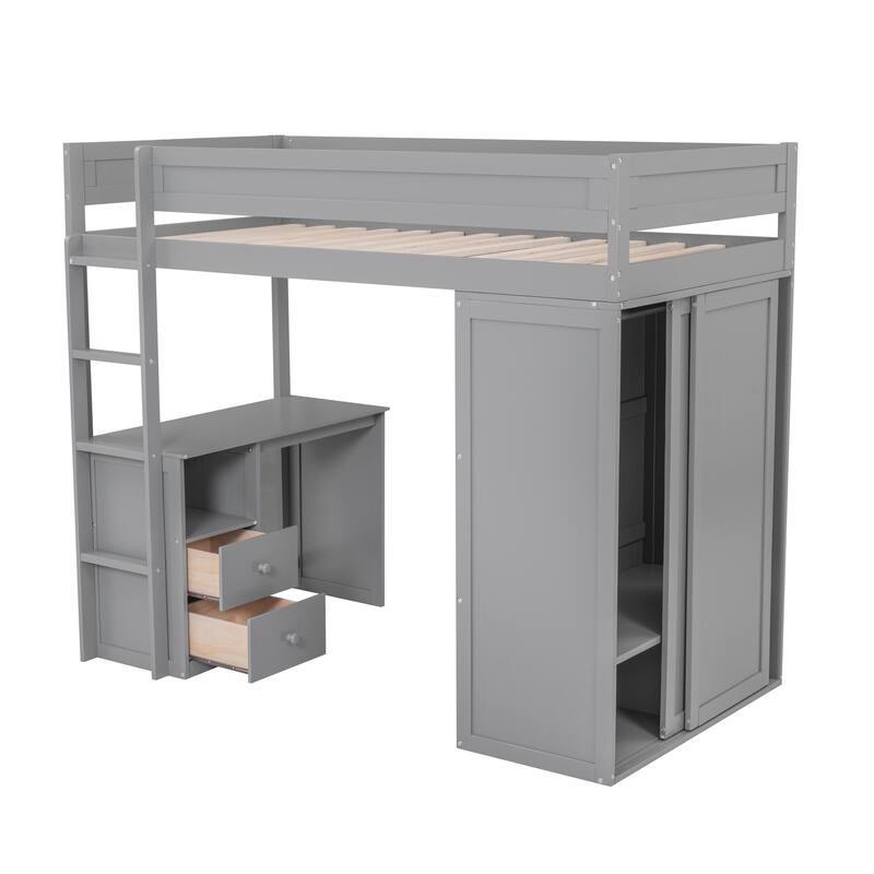Wood Twin Size Loft Bed with Wardrobe, Desk, and Drawers, Space-Saving Design