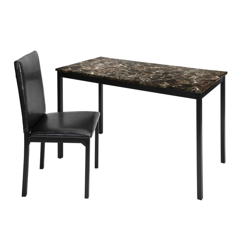 2pc Writing Desk and Chair Set Black Finish Metal Frame Faux Leather Upholstery Small Space Furniture Home Office - Brown