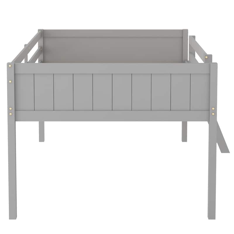 Gray Full Size Solid Wood Low Loft Bed with Ladder and Fence