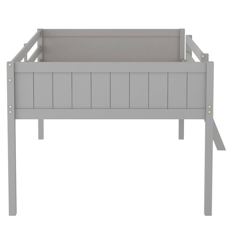 Twin/Full Low Loft Bed with Adjustable Ladder, Pine Wood and MDF Construction, Space-Saving Design